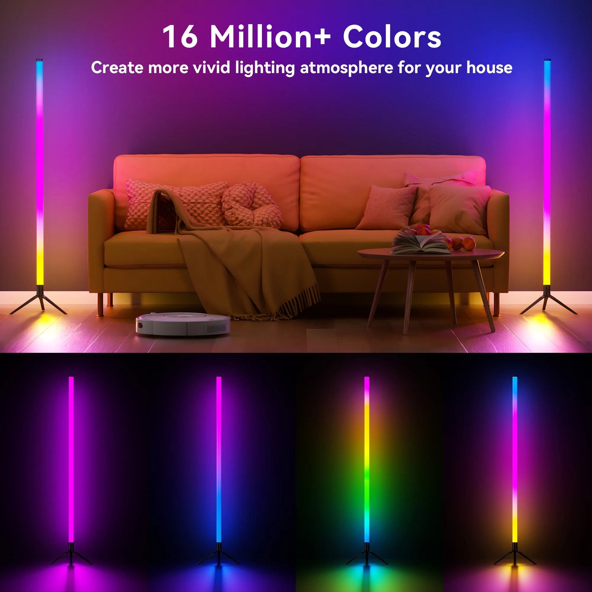 LED Corner Floor Lamp,360°Color Changing Lamp with Bluetooth APP, Remote Control, Music Sync, 16 Million DIY Colors & Timing for Living Room Gaming Room（2Pack）