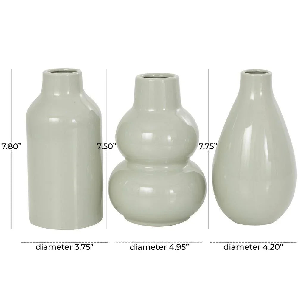 Green Minimalistic Rounded Ceramic Decorative Vase with Varying Shapes (Set of 3)