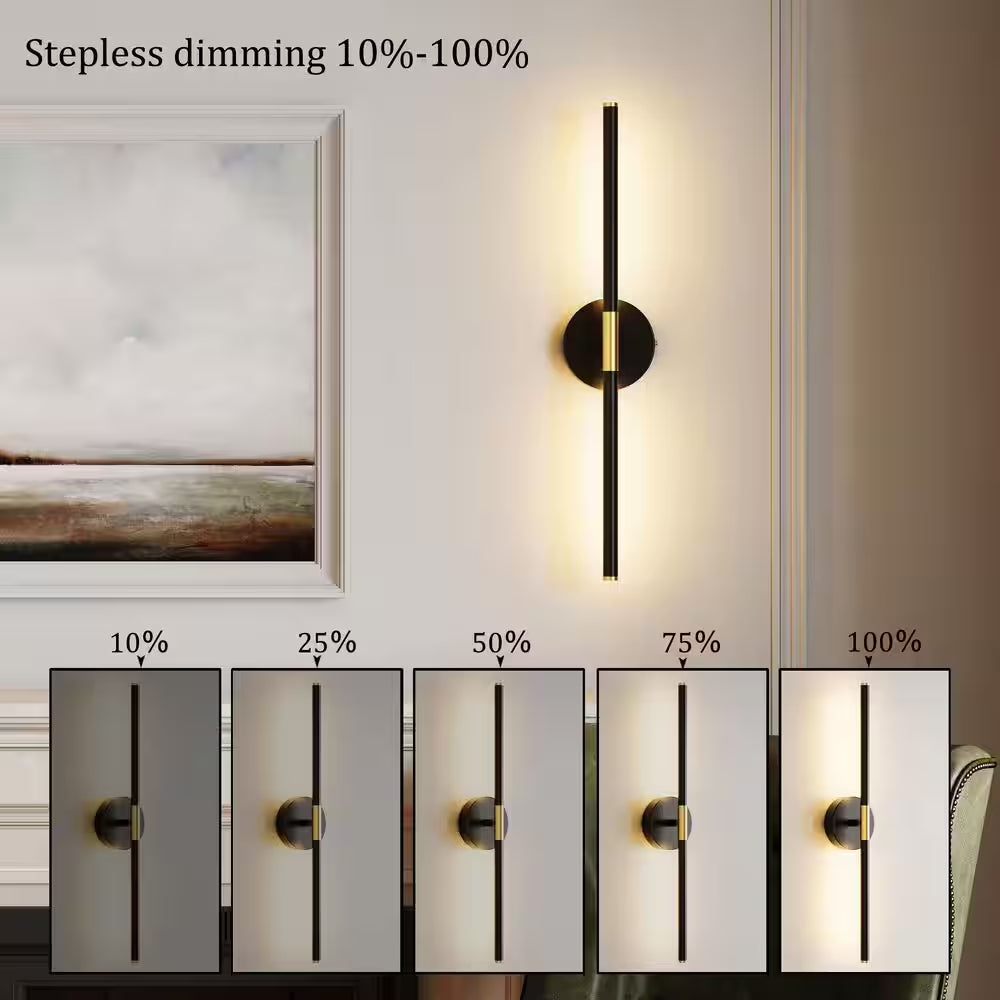 24 In. 1-Light Black Gold Rechargeable Battery Operated Wall Sconce 360° Rotatable Dimmable Wall Light with Remote