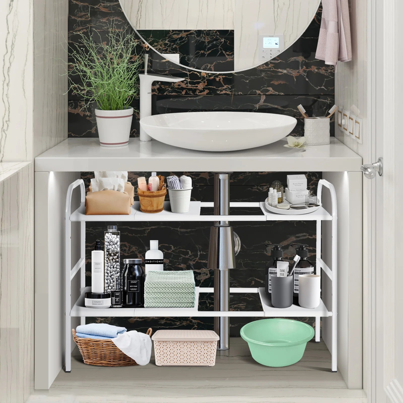 Under Sink Organizer under Sink Organizers and Storage 34 X 9.6 X 19 Inches Expandable under Sink Storage 2-Tier Rack for Kitchen Bathroom Cabinet, White