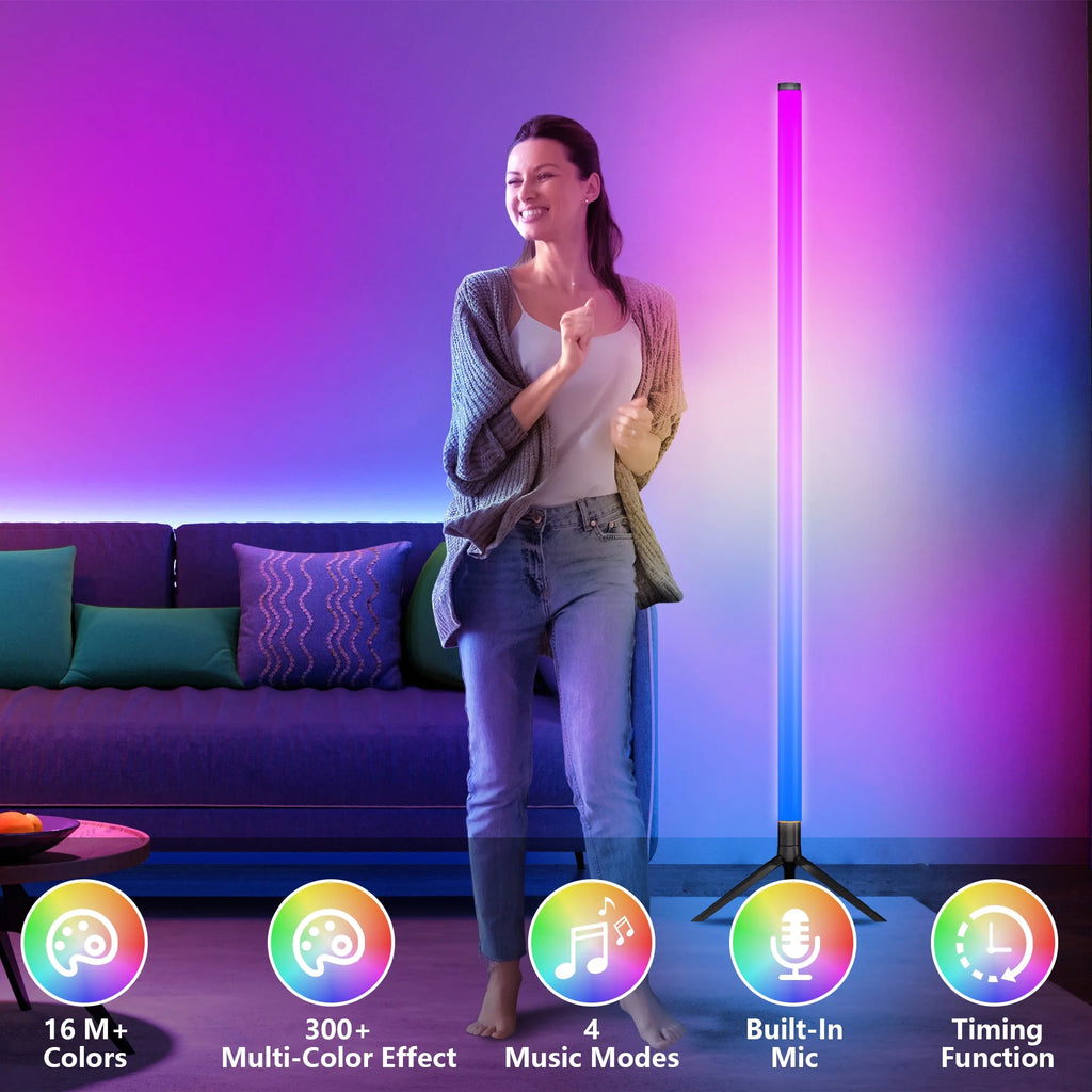 LED Corner Floor Lamp,360°Color Changing Lamp with Bluetooth APP, Remote Control, Music Sync, 16 Million DIY Colors & Timing for Living Room Gaming Room（2Pack）