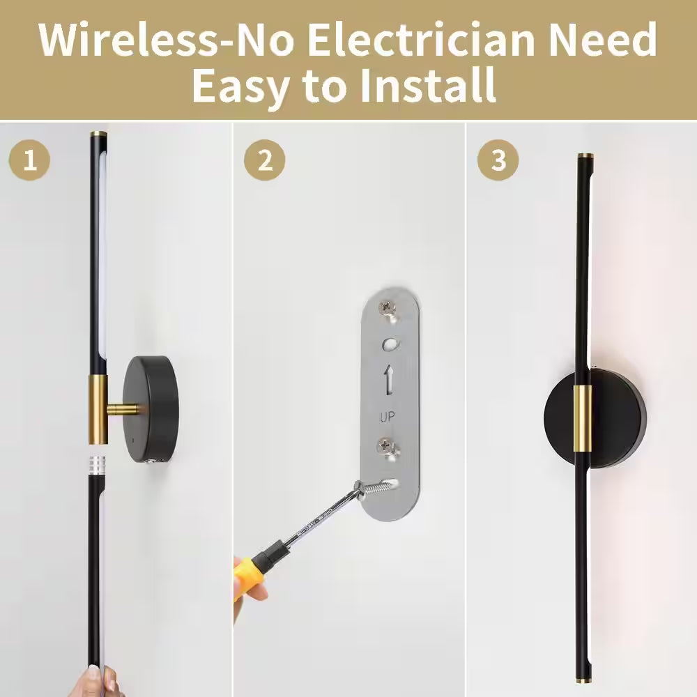 24 In. 1-Light Black Gold Rechargeable Battery Operated Wall Sconce 360° Rotatable Dimmable Wall Light with Remote
