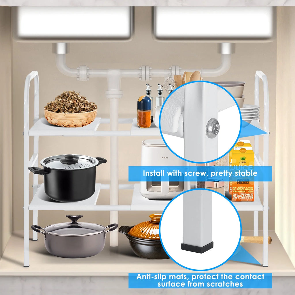 Under Sink Organizer under Sink Organizers and Storage 34 X 9.6 X 19 Inches Expandable under Sink Storage 2-Tier Rack for Kitchen Bathroom Cabinet, White
