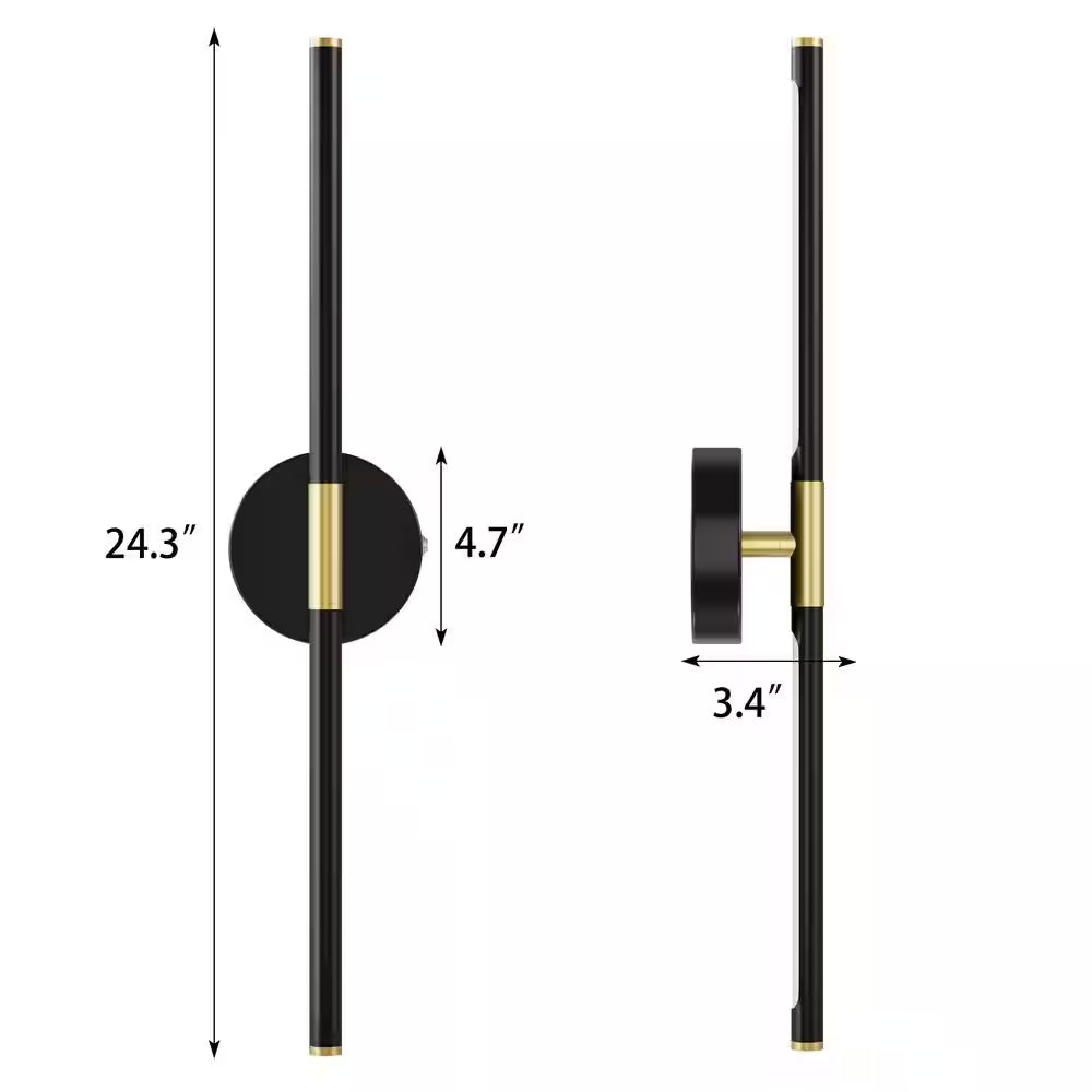24 In. 1-Light Black Gold Rechargeable Battery Operated Wall Sconce 360° Rotatable Dimmable Wall Light with Remote