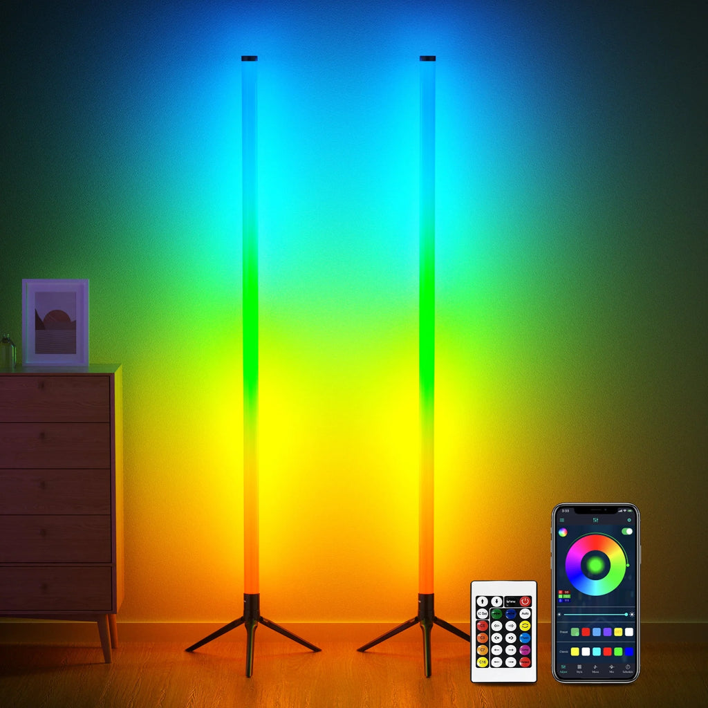 LED Corner Floor Lamp,360°Color Changing Lamp with Bluetooth APP, Remote Control, Music Sync, 16 Million DIY Colors & Timing for Living Room Gaming Room（2Pack）