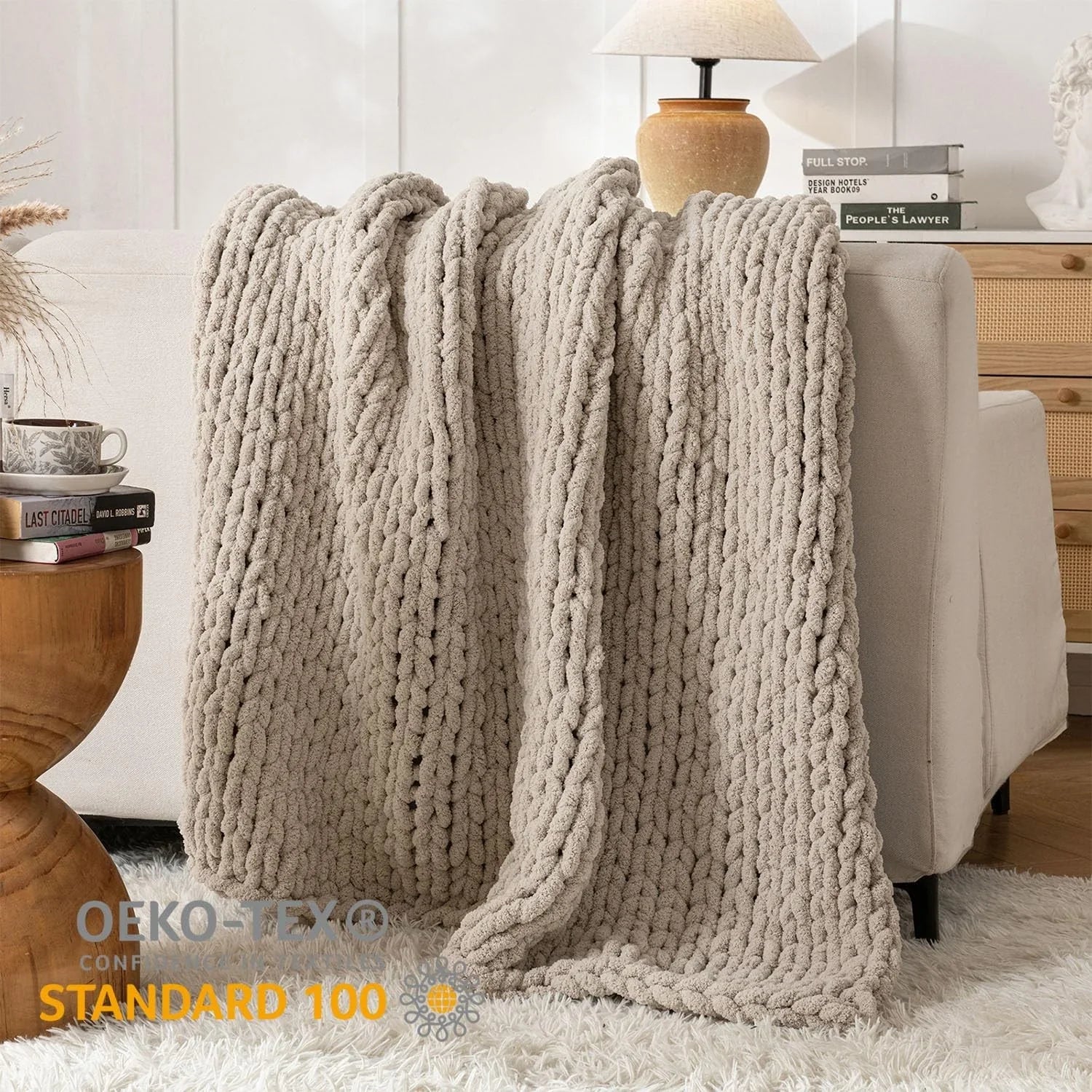 Chunky Knit Blanket Throw 50X60In Handmade Chenille Cable Knit for Couch