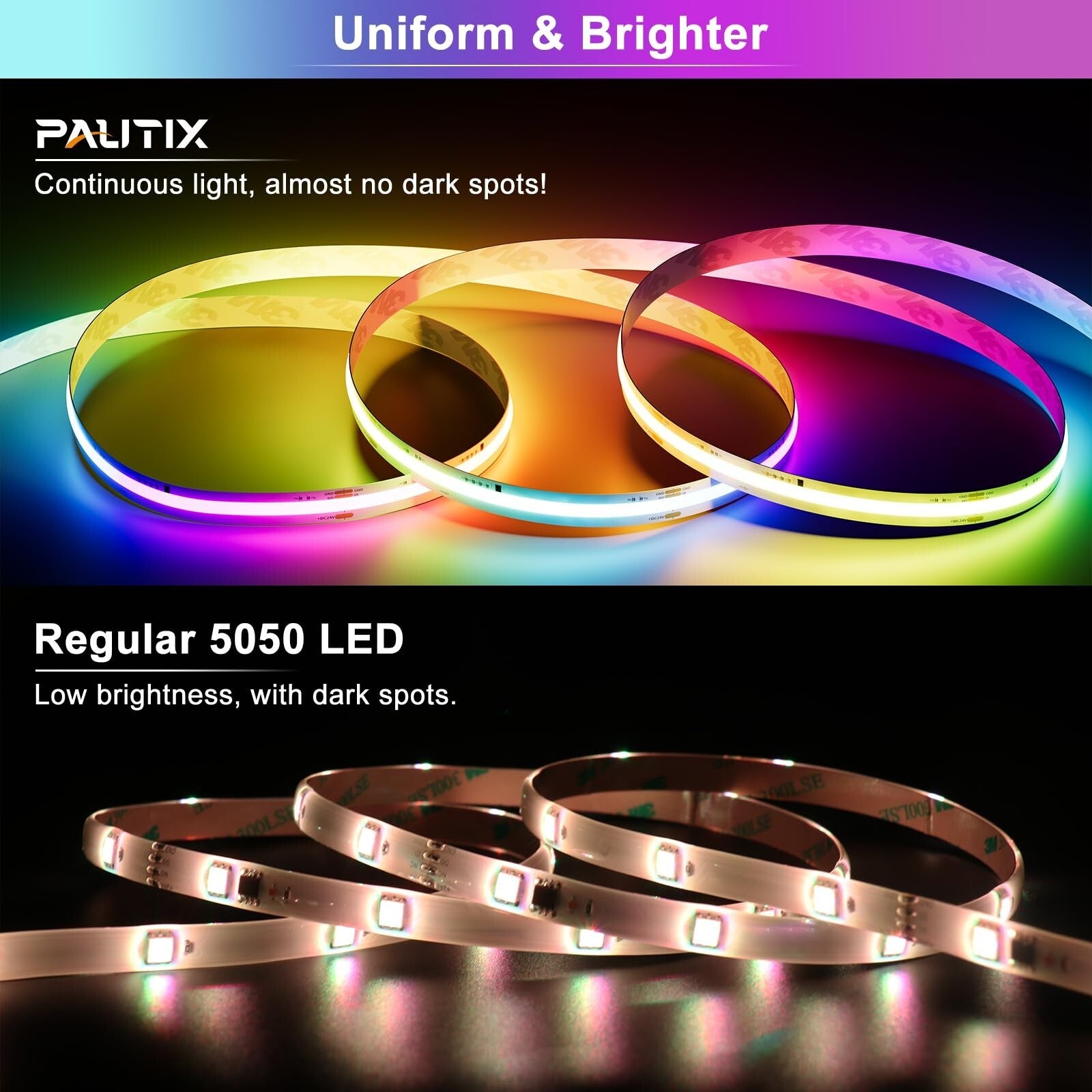 PAUTIX RGB Smart IC COB LED Strip Light Addressable 24Ft/7.5M,Ul-L