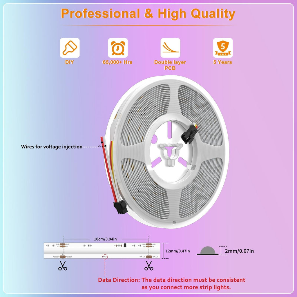 PAUTIX RGB Smart IC COB LED Strip Light Addressable 24Ft/7.5M,Ul-L