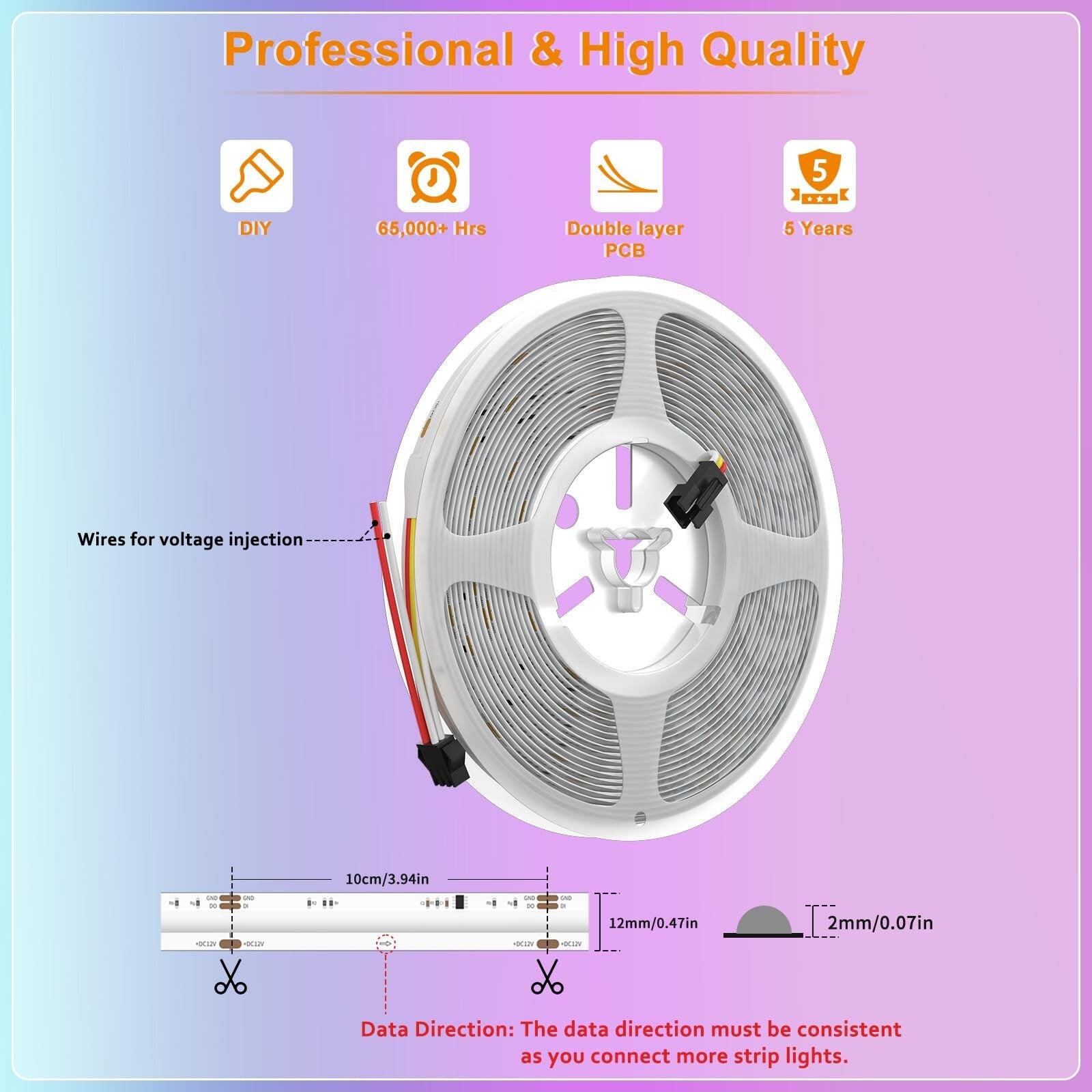 PAUTIX RGB Smart IC COB LED Strip Light Addressable 24Ft/7.5M,Ul-L