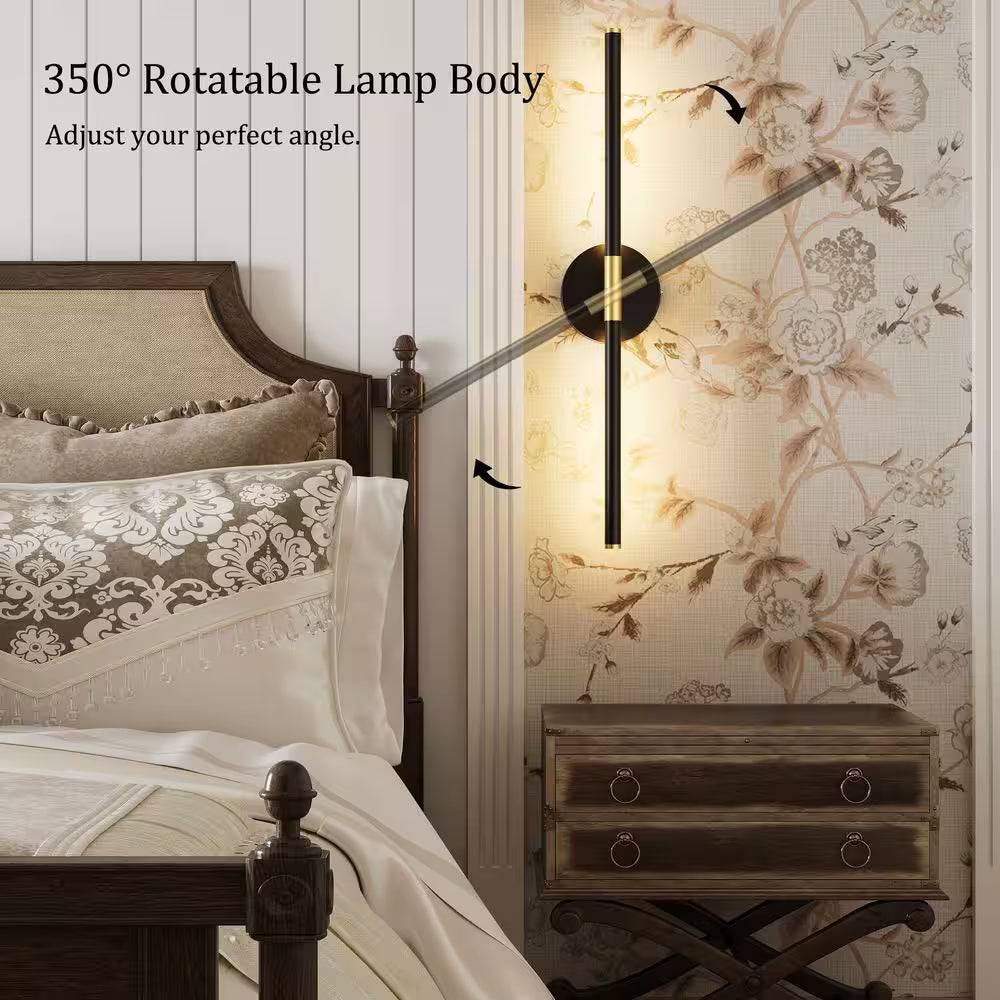 24 In. 1-Light Black Gold Rechargeable Battery Operated Wall Sconce 360° Rotatable Dimmable Wall Light with Remote