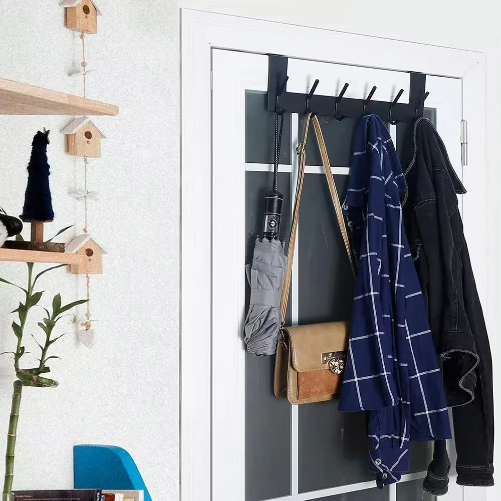 Over the Door Hook Door Hanger, over the Door Towel Rack with 6 Coat Hooks for Hanging, Black