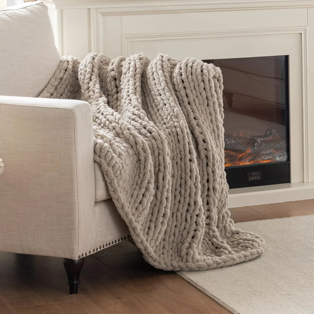 Chunky Knit Blanket Throw 50X60In Handmade Chenille Cable Knit for Couch
