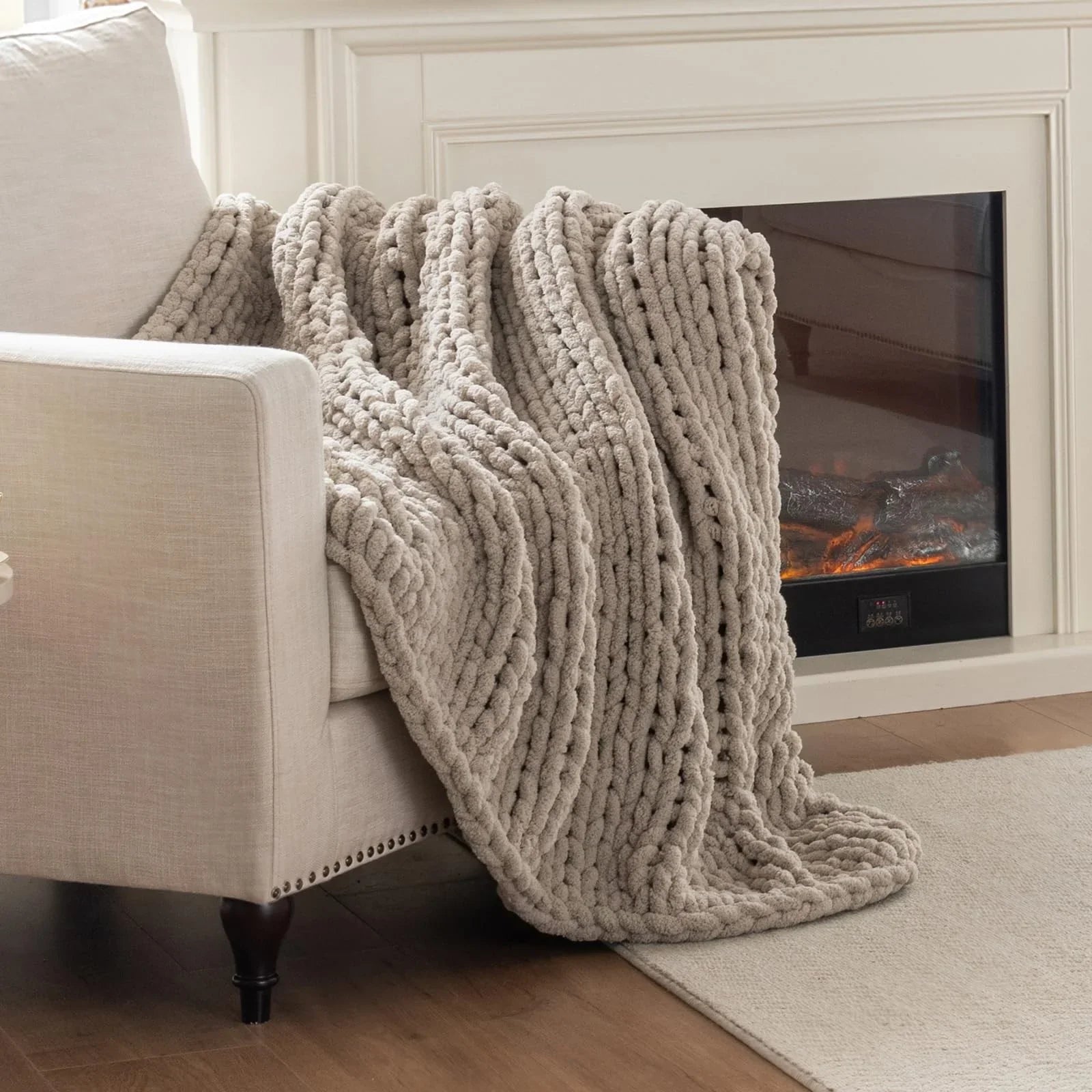Chunky Knit Blanket Throw 50X60In Handmade Chenille Cable Knit for Couch
