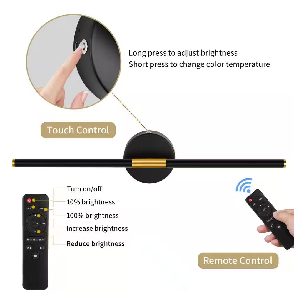 24 In. 1-Light Black Gold Rechargeable Battery Operated Wall Sconce 360° Rotatable Dimmable Wall Light with Remote