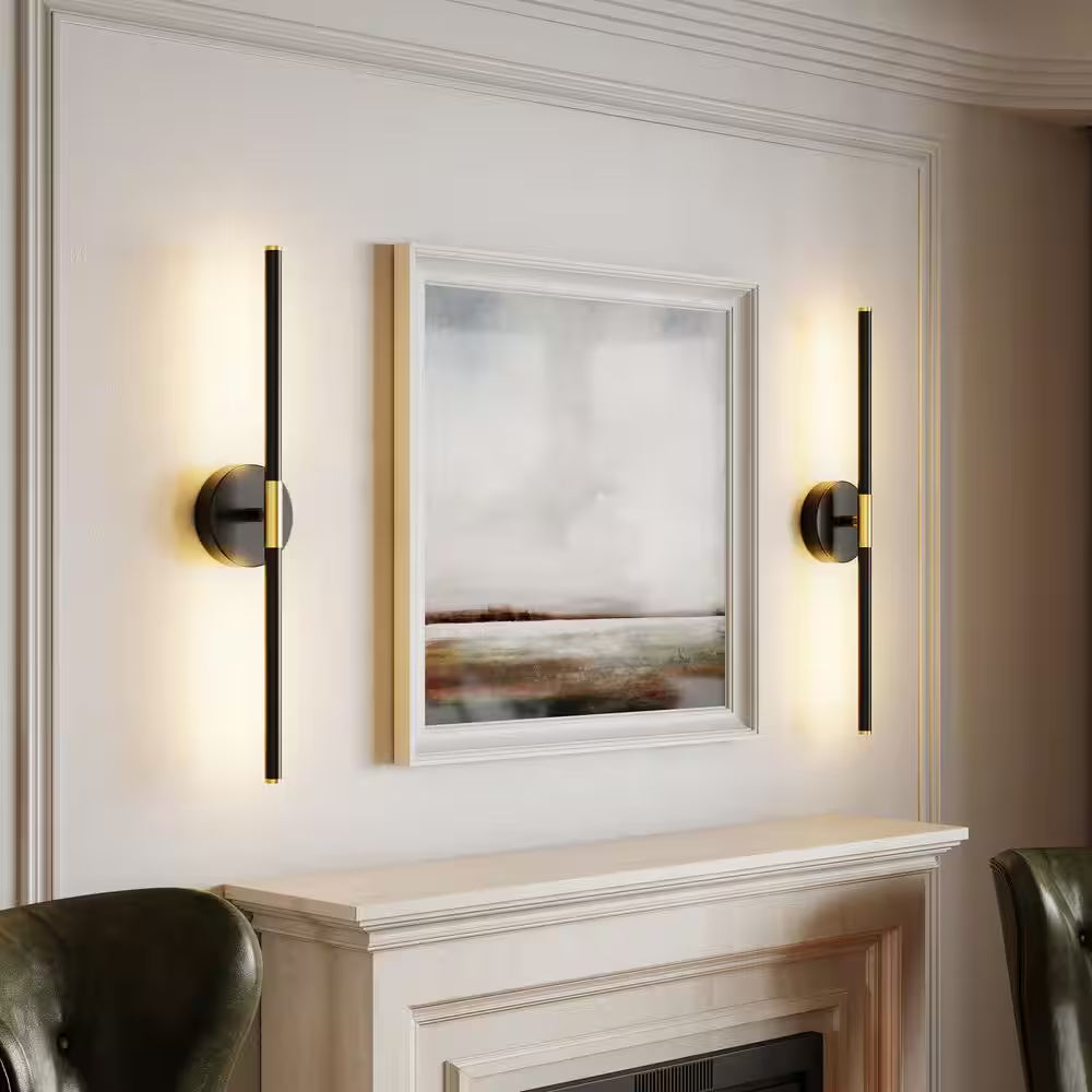 24 In. 1-Light Black Gold Rechargeable Battery Operated Wall Sconce 360° Rotatable Dimmable Wall Light with Remote