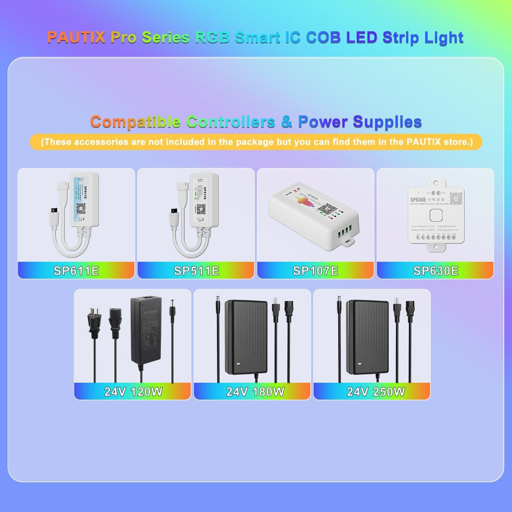 PAUTIX RGB Smart IC COB LED Strip Light Addressable 24Ft/7.5M,Ul-L