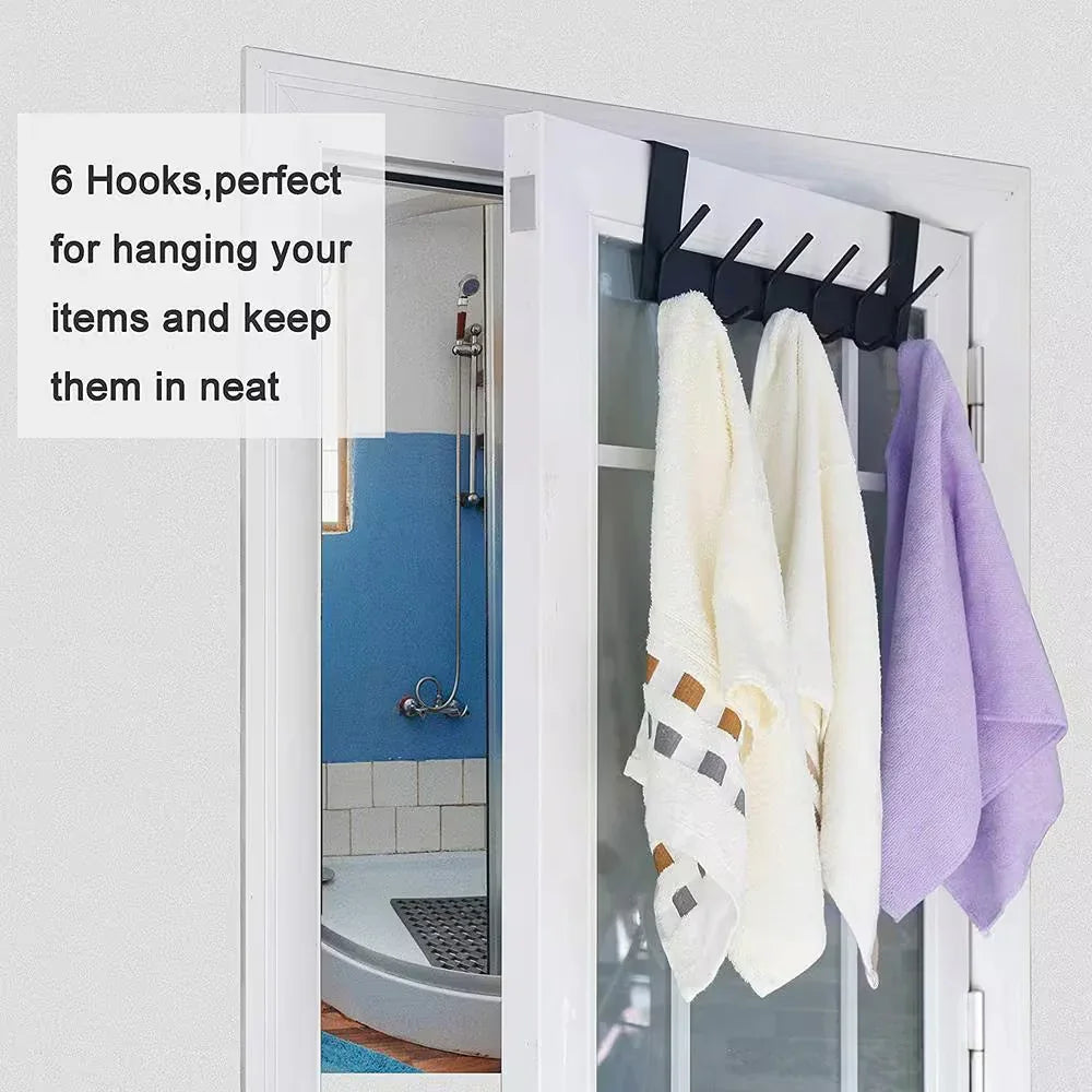 Over the Door Hook Door Hanger, over the Door Towel Rack with 6 Coat Hooks for Hanging, Black