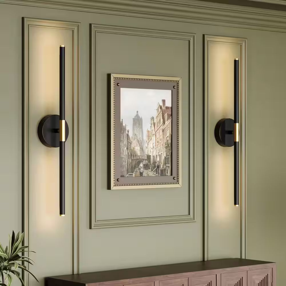 24 In. 1-Light Black Gold Rechargeable Battery Operated Wall Sconce 360° Rotatable Dimmable Wall Light with Remote