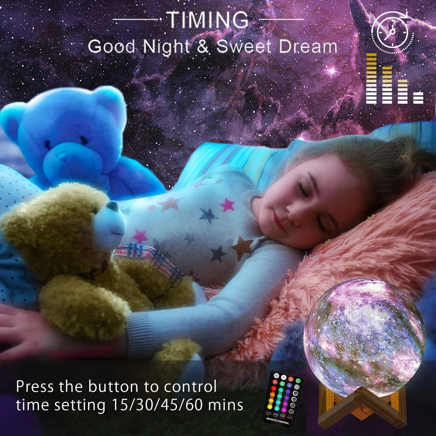 Moon Lamp, Galaxy Lamp Kids Night Light 16 Colors 3D LED Moon Light with Stand, Timing & Remote & Touch Control Brightness USB Rechargeable Christmas Birthday Gifts for Boys Girls Friends