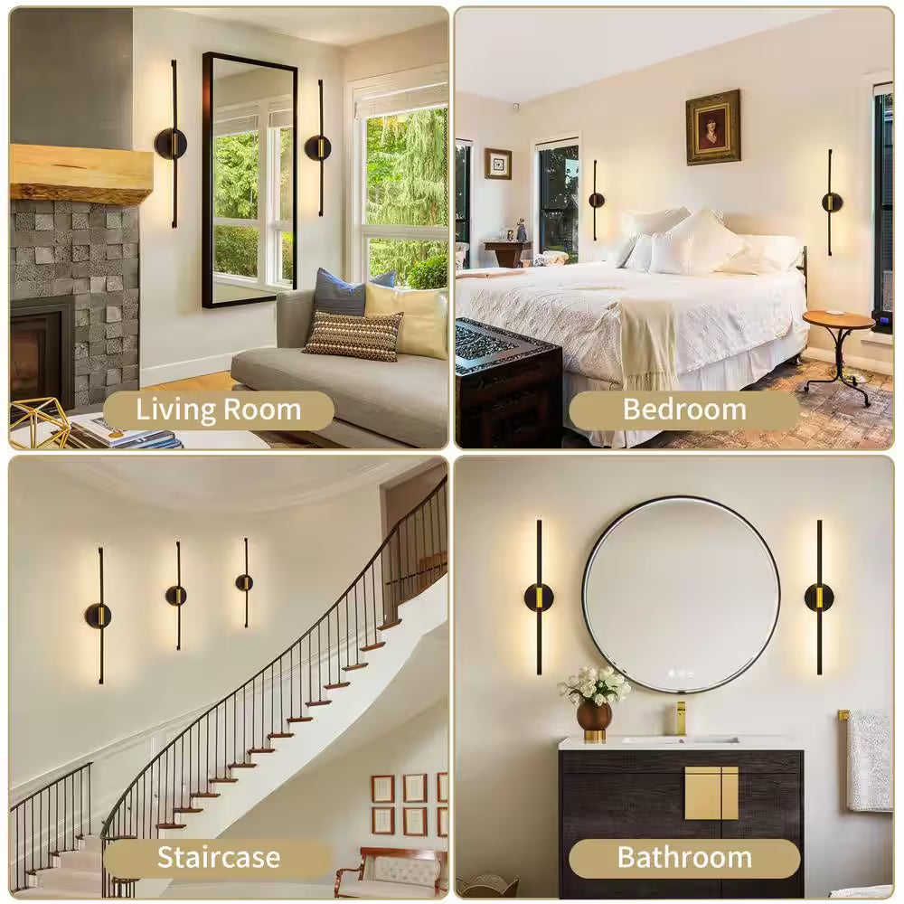 24 In. 1-Light Black Gold Rechargeable Battery Operated Wall Sconce 360° Rotatable Dimmable Wall Light with Remote