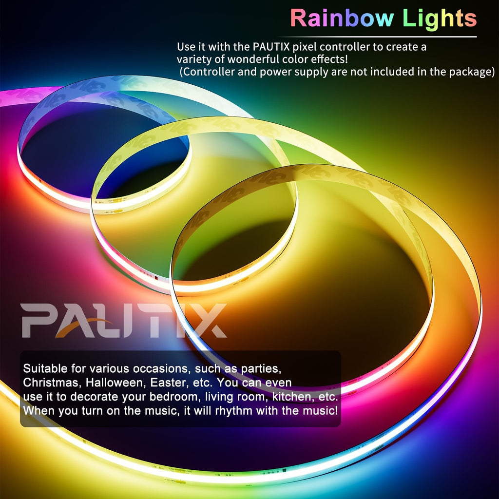 PAUTIX RGB Smart IC COB LED Strip Light Addressable 24Ft/7.5M,Ul-L