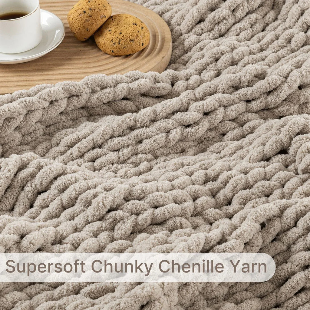 Chunky Knit Blanket Throw 50X60In Handmade Chenille Cable Knit for Couch