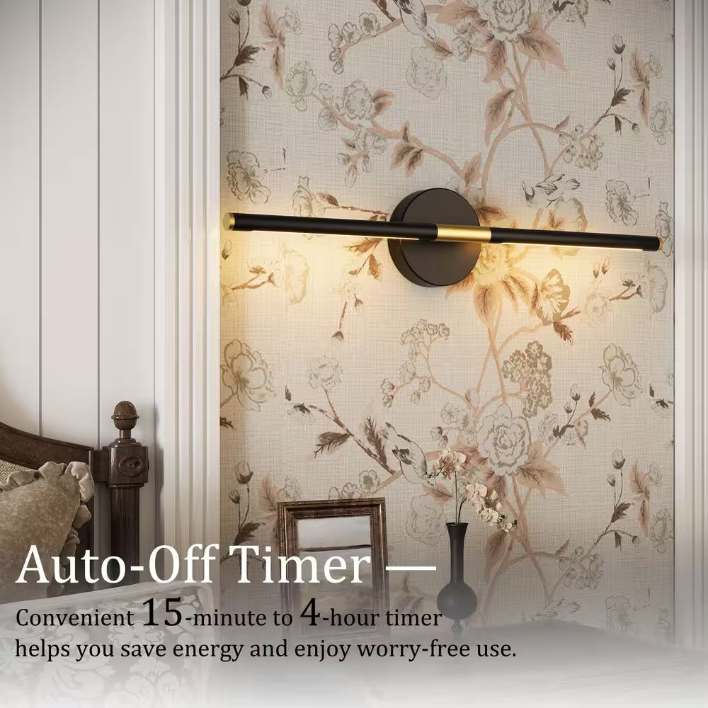 24 In. 1-Light Black Gold Rechargeable Battery Operated Wall Sconce 360° Rotatable Dimmable Wall Light with Remote