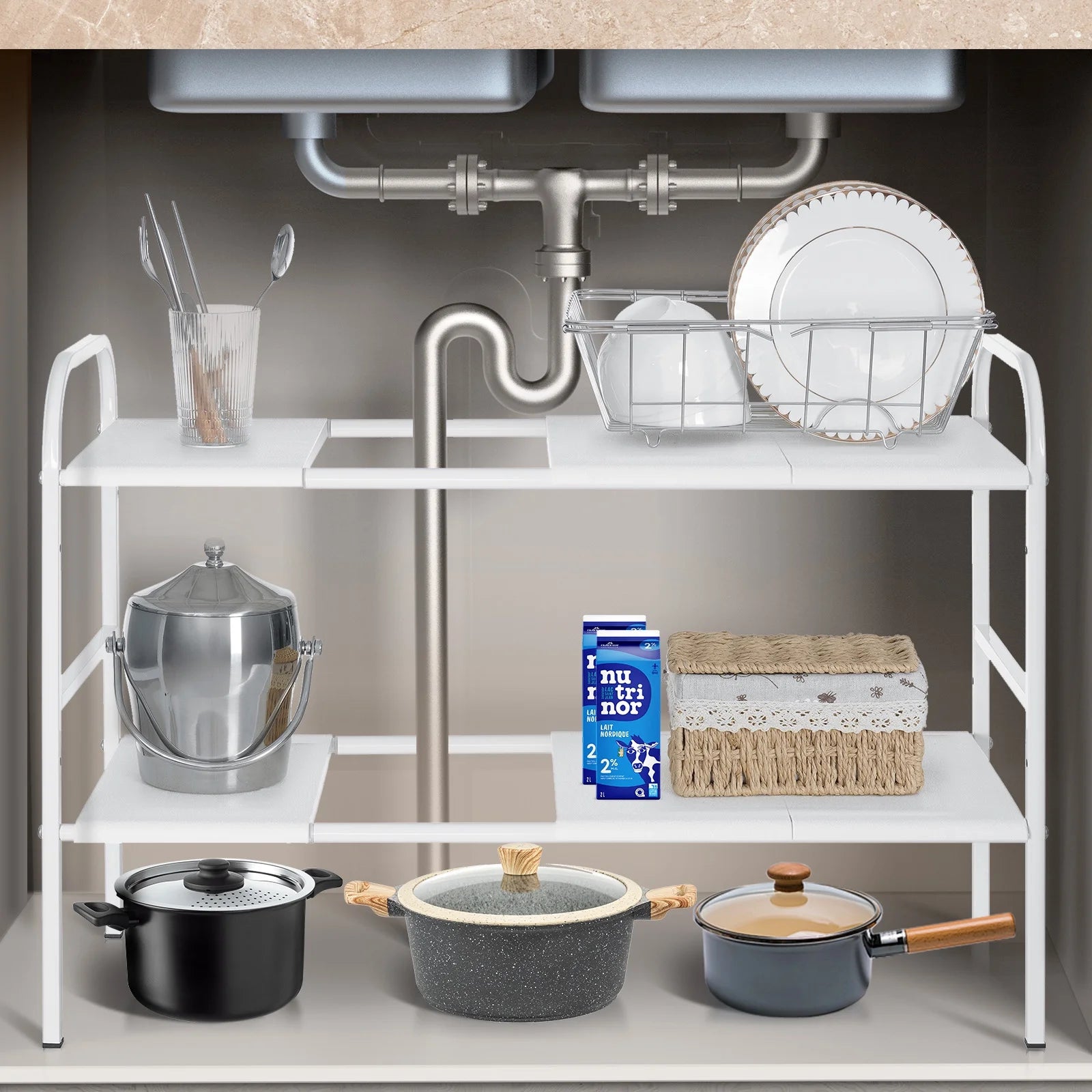 Under Sink Organizer under Sink Organizers and Storage 34 X 9.6 X 19 Inches Expandable under Sink Storage 2-Tier Rack for Kitchen Bathroom Cabinet, White