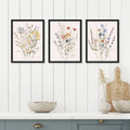 Framed Canvas Print Wall Art Set - Multicolor Wildflowers Poster Art - Set of 3 Watercolor Nature Wilderness Floral Botanical Vintage Wall Décor for Living Room - 12"X16" Black