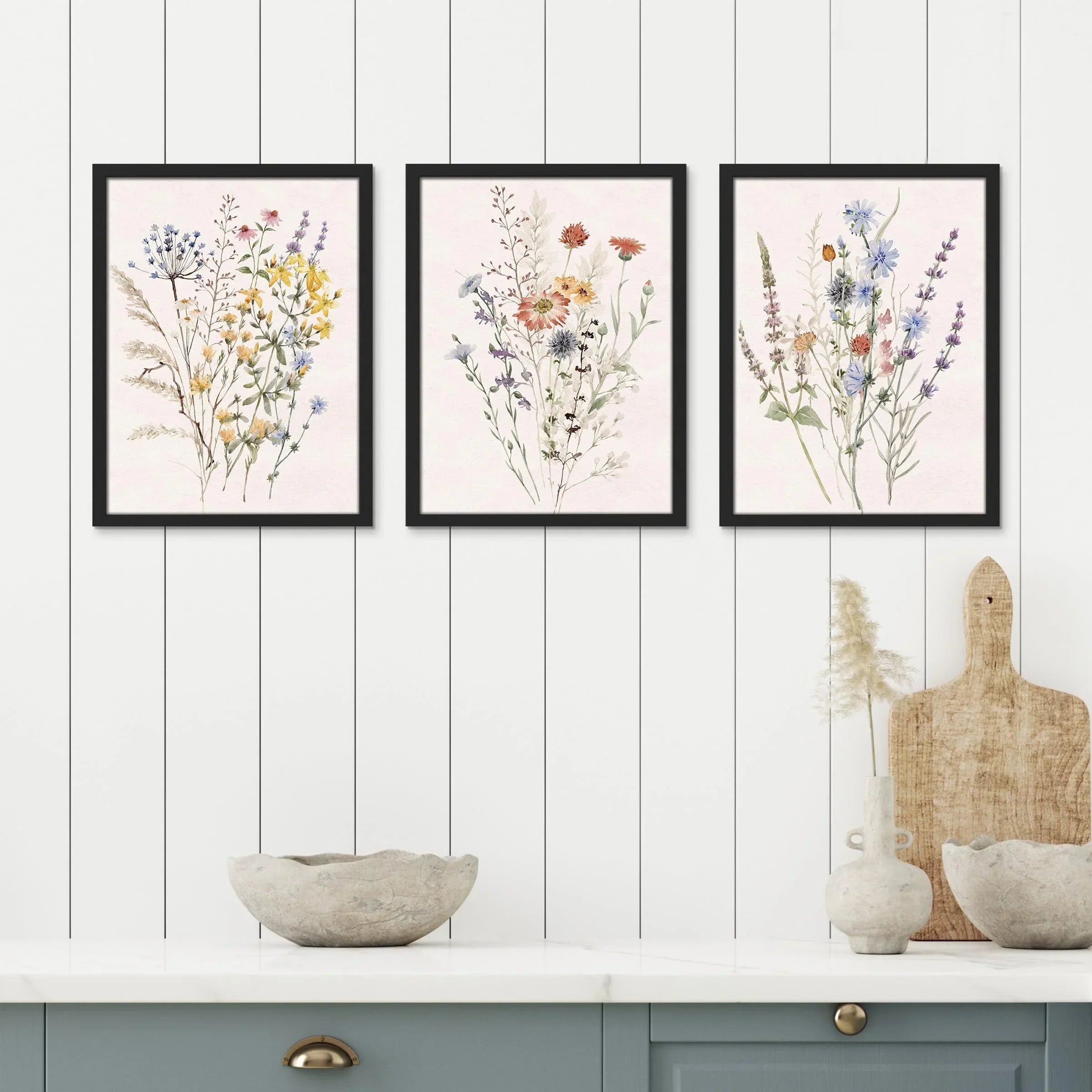 Framed Canvas Print Wall Art Set - Multicolor Wildflowers Poster Art - Set of 3 Watercolor Nature Wilderness Floral Botanical Vintage Wall Décor for Living Room - 12"X16" Black