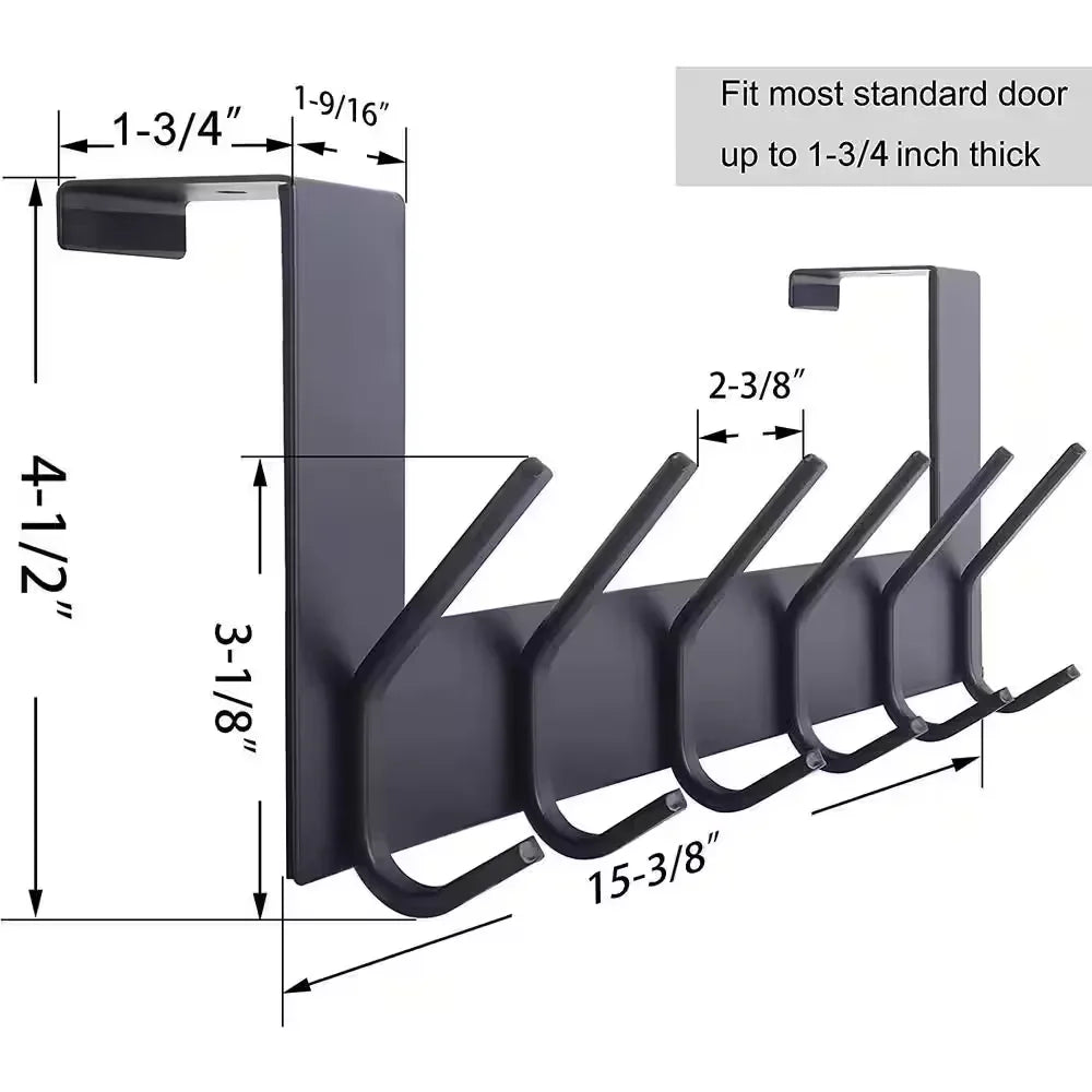 Over the Door Hook Door Hanger, over the Door Towel Rack with 6 Coat Hooks for Hanging, Black