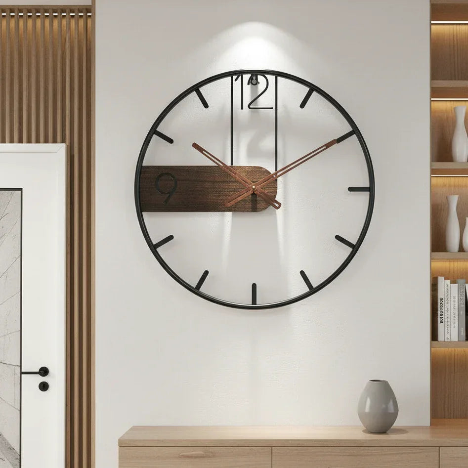 Minimalist Walnut Wood Wall Clock with Stainless Steel Frame | Silent Quartz Movement | Modern Living Room Office Decor