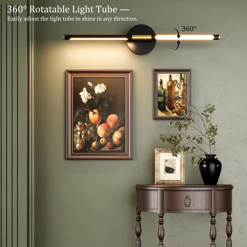 24 In. 1-Light Black Gold Rechargeable Battery Operated Wall Sconce 360° Rotatable Dimmable Wall Light with Remote