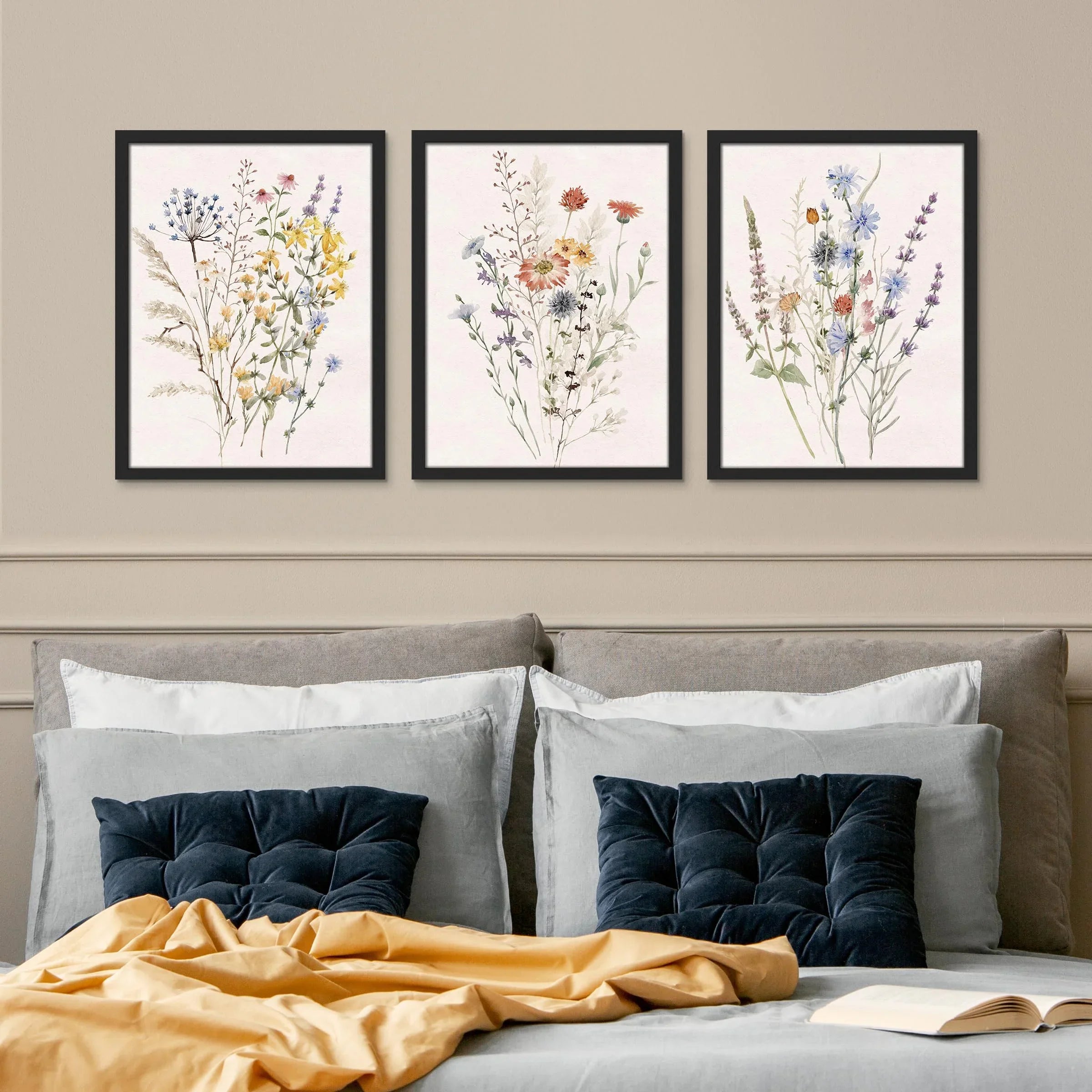 Framed Canvas Print Wall Art Set - Multicolor Wildflowers Poster Art - Set of 3 Watercolor Nature Wilderness Floral Botanical Vintage Wall Décor for Living Room - 12"X16" Black