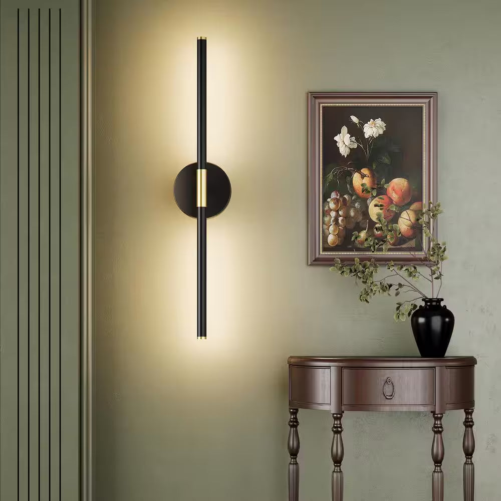 24 In. 1-Light Black Gold Rechargeable Battery Operated Wall Sconce 360° Rotatable Dimmable Wall Light with Remote